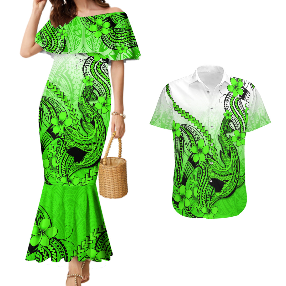 Hawaii Couples Matching Mermaid Dress And Hawaiian Shirt Polynesian Shark Tattoo With Plumeria Green Gradient LT14 Green - Polynesian Pride