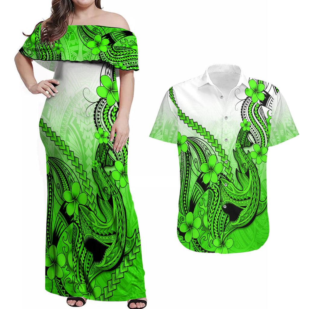 Hawaii Couples Matching Off Shoulder Maxi Dress and Hawaiian Shirt Polynesian Shark Tattoo With Plumeria Green Gradient LT14 Green - Polynesian Pride