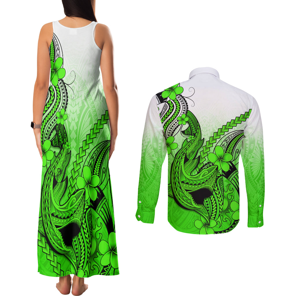 Hawaii Couples Matching Tank Maxi Dress and Long Sleeve Button Shirts Polynesian Shark Tattoo With Plumeria Green Gradient LT14 - Polynesian Pride