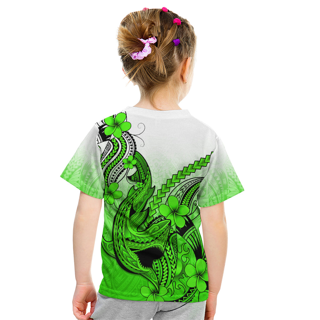 Hawaii Kid T Shirt Polynesian Shark Tattoo With Plumeria Green Gradient LT14 - Polynesian Pride