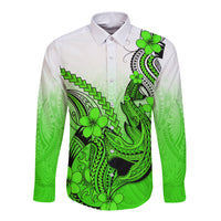 Hawaii Long Sleeve Button Shirt Polynesian Shark Tattoo With Plumeria Green Gradient LT14 Unisex Green - Polynesian Pride