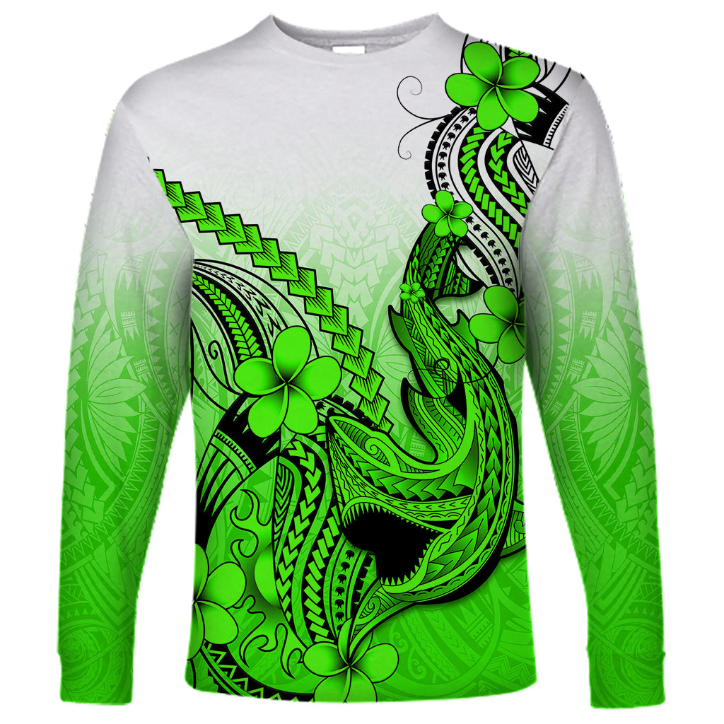 Hawaii Long Sleeve Shirt Polynesian Shark Tattoo With Plumeria Green Gradient LT14 Unisex Green - Polynesian Pride