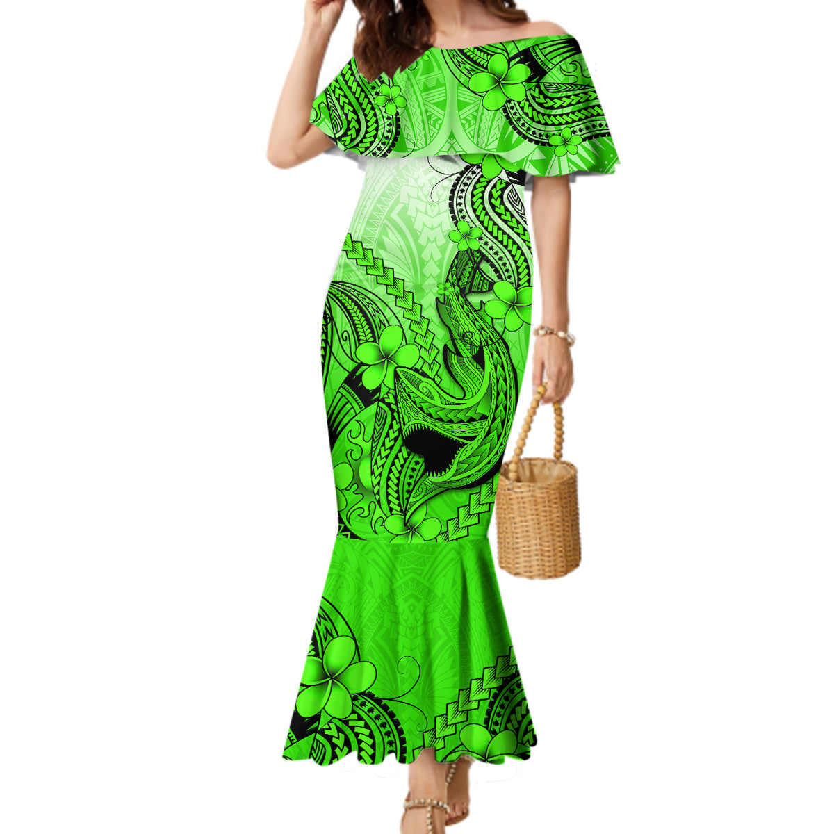 Hawaii Mermaid Dress Polynesian Shark Tattoo With Plumeria Green Gradient LT14 Women Green - Polynesian Pride