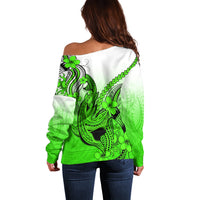 Hawaii Off Shoulder Sweater Polynesian Shark Tattoo With Plumeria Green Gradient LT14 - Polynesian Pride