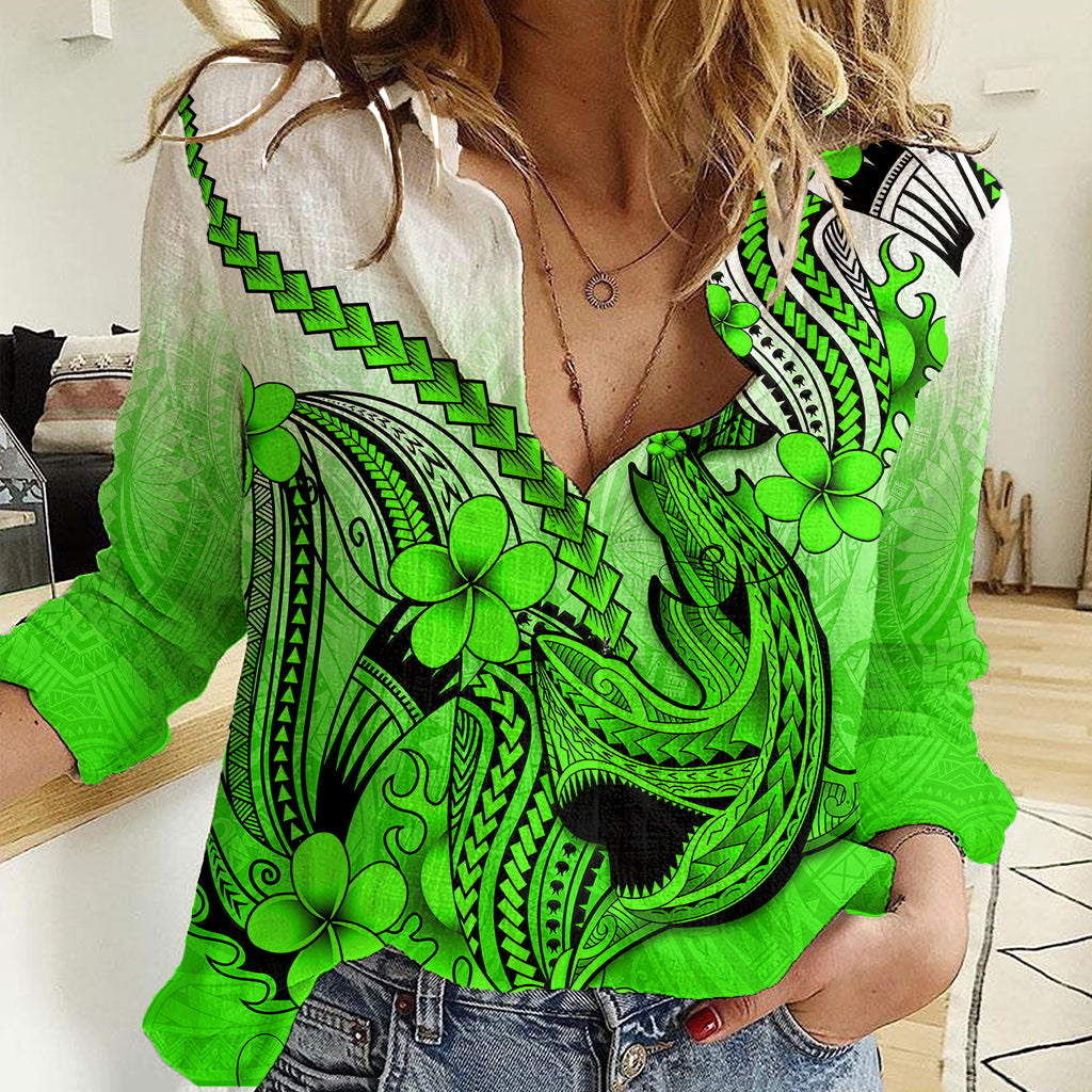 Hawaii Women Casual Shirt Polynesian Shark Tattoo With Plumeria Green Gradient LT14 Female Green - Polynesian Pride