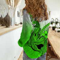 Hawaii Women Casual Shirt Polynesian Shark Tattoo With Plumeria Green Gradient LT14 - Polynesian Pride