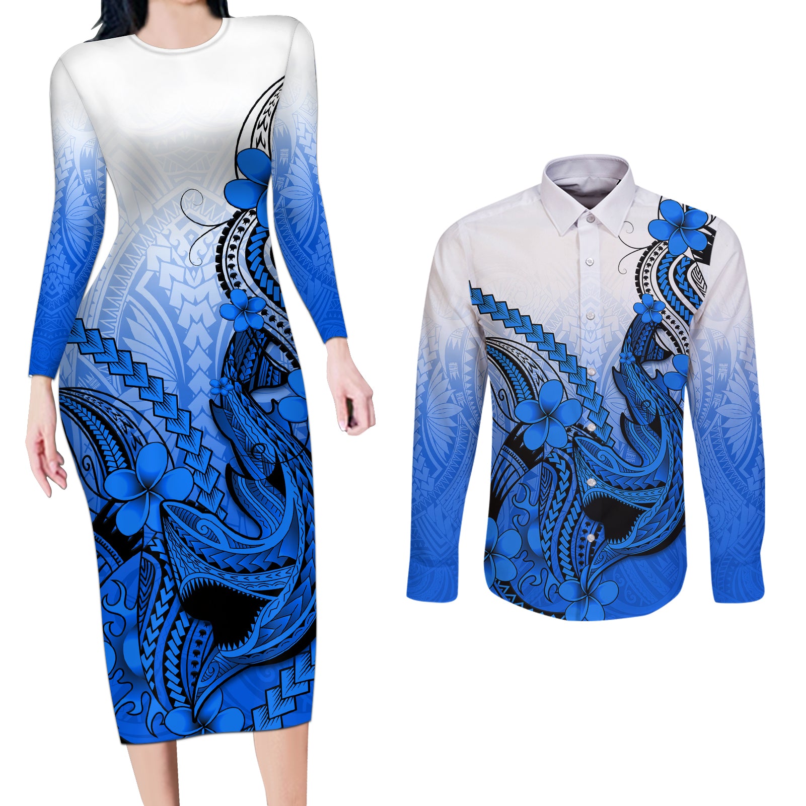 Hawaii Couples Matching Long Sleeve Bodycon Dress and Long Sleeve Button Shirts Polynesian Shark Tattoo With Plumeria Blue Gradient LT14 Blue - Polynesian Pride