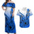 Hawaii Couples Matching Off Shoulder Maxi Dress and Hawaiian Shirt Polynesian Shark Tattoo With Plumeria Blue Gradient LT14 Blue - Polynesian Pride