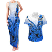 Hawaii Couples Matching Tank Maxi Dress And Hawaiian Shirt Polynesian Shark Tattoo With Plumeria Blue Gradient LT14 Blue - Polynesian Pride
