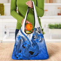Blue Gradient Hawaii Grocery Bag Polynesian Shark Tattoo With Plumeria