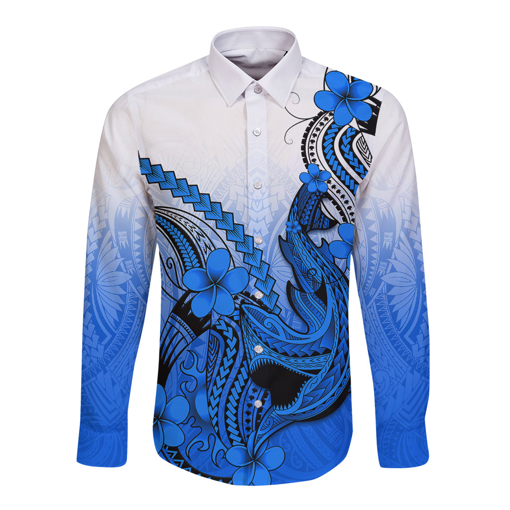 Hawaii Long Sleeve Button Shirt Polynesian Shark Tattoo With Plumeria Blue Gradient LT14 Unisex Blue - Polynesian Pride