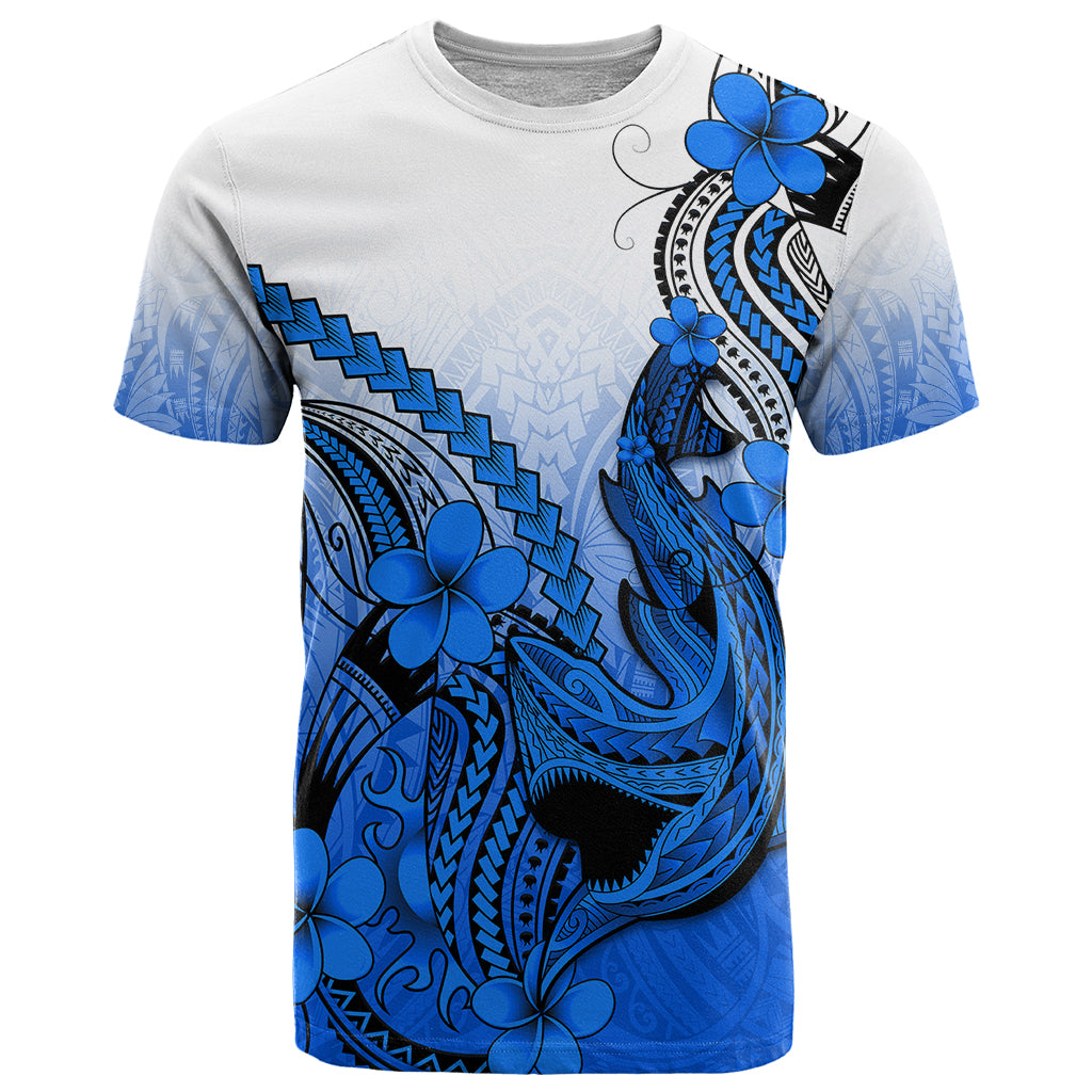 Hawaii T Shirt Polynesian Shark Tattoo With Plumeria Blue Gradient LT14 Blue - Polynesian Pride