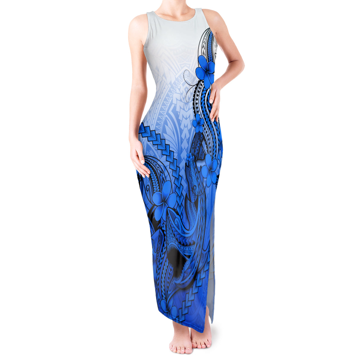 Hawaii Tank Maxi Dress Polynesian Shark Tattoo With Plumeria Blue Gradient LT14 Women Blue - Polynesian Pride