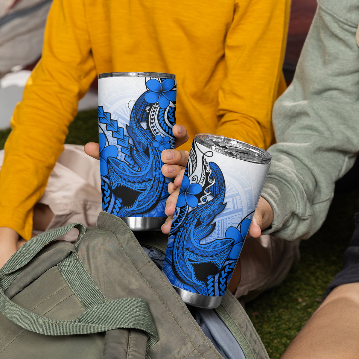 Hawaii Tumbler Cup Polynesian Shark Tattoo With Plumeria Blue Gradient