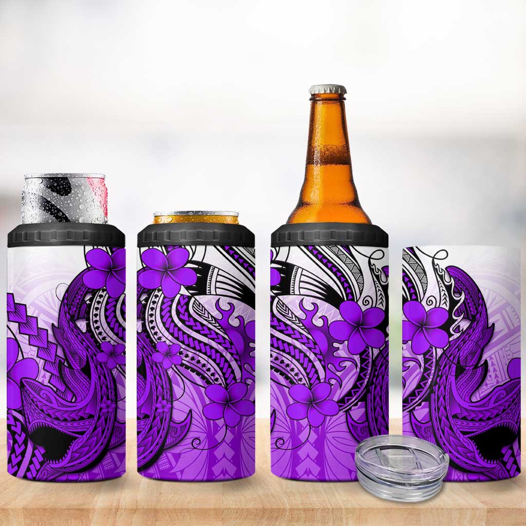 Hawaii 4 in 1 Can Cooler Tumbler Polynesian Shark Tattoo With Plumeria Purple Gradient