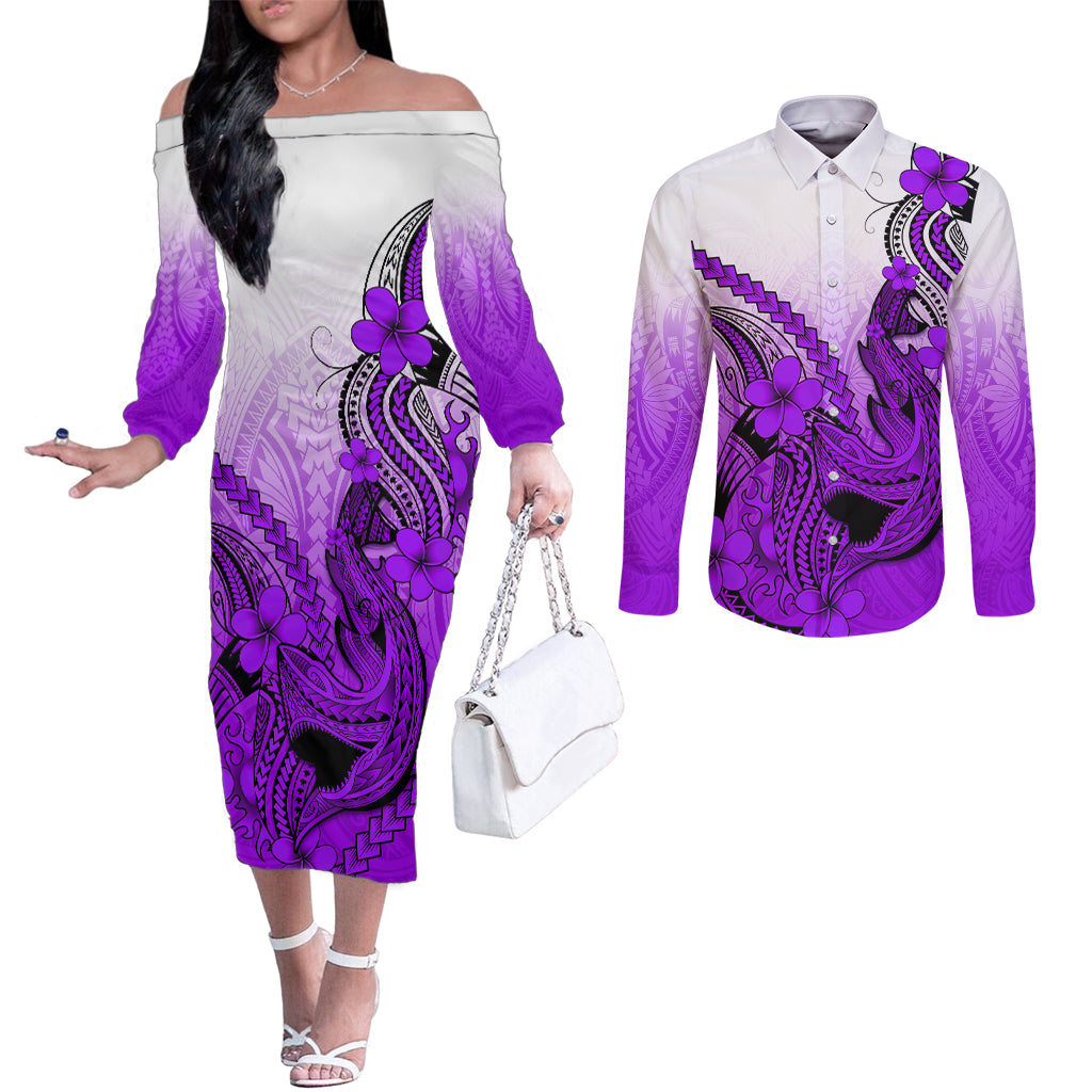 Hawaii Couples Matching Off The Shoulder Long Sleeve Dress and Long Sleeve Button Shirts Polynesian Shark Tattoo With Plumeria Purple Gradient LT14 Purple - Polynesian Pride