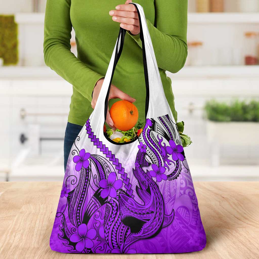 Purple Gradient Hawaii Grocery Bag Polynesian Shark Tattoo With Plumeria