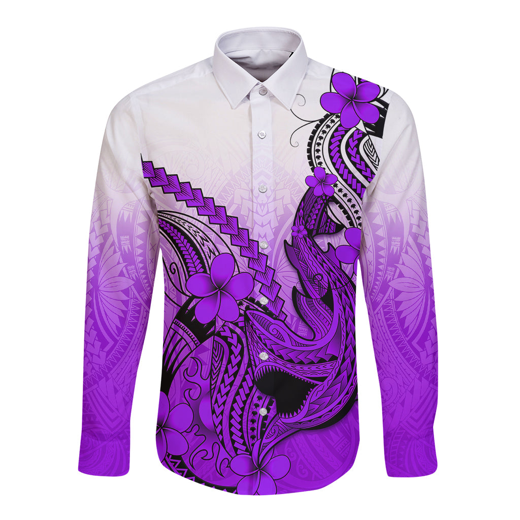 Hawaii Long Sleeve Button Shirt Polynesian Shark Tattoo With Plumeria Purple Gradient LT14 Unisex Purple - Polynesian Pride