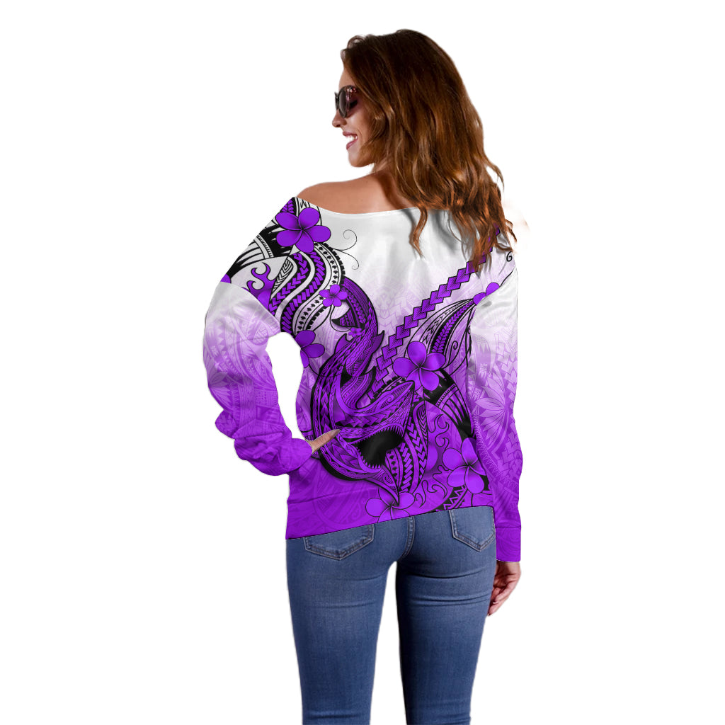 Hawaii Off Shoulder Sweater Polynesian Shark Tattoo With Plumeria Purple Gradient LT14 - Polynesian Pride