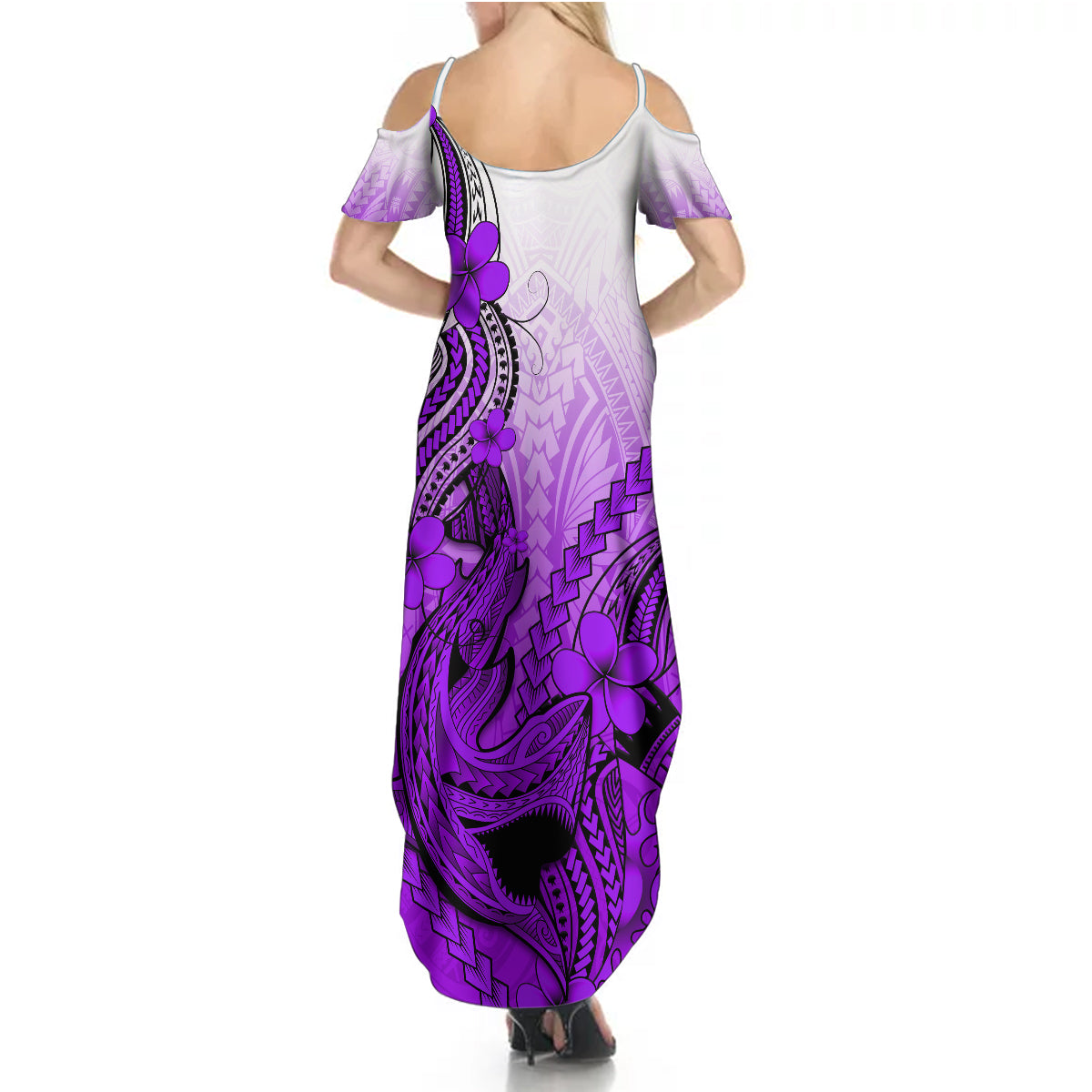 Hawaii Summer Maxi Dress Polynesian Shark Tattoo With Plumeria Purple Gradient LT14 - Polynesian Pride
