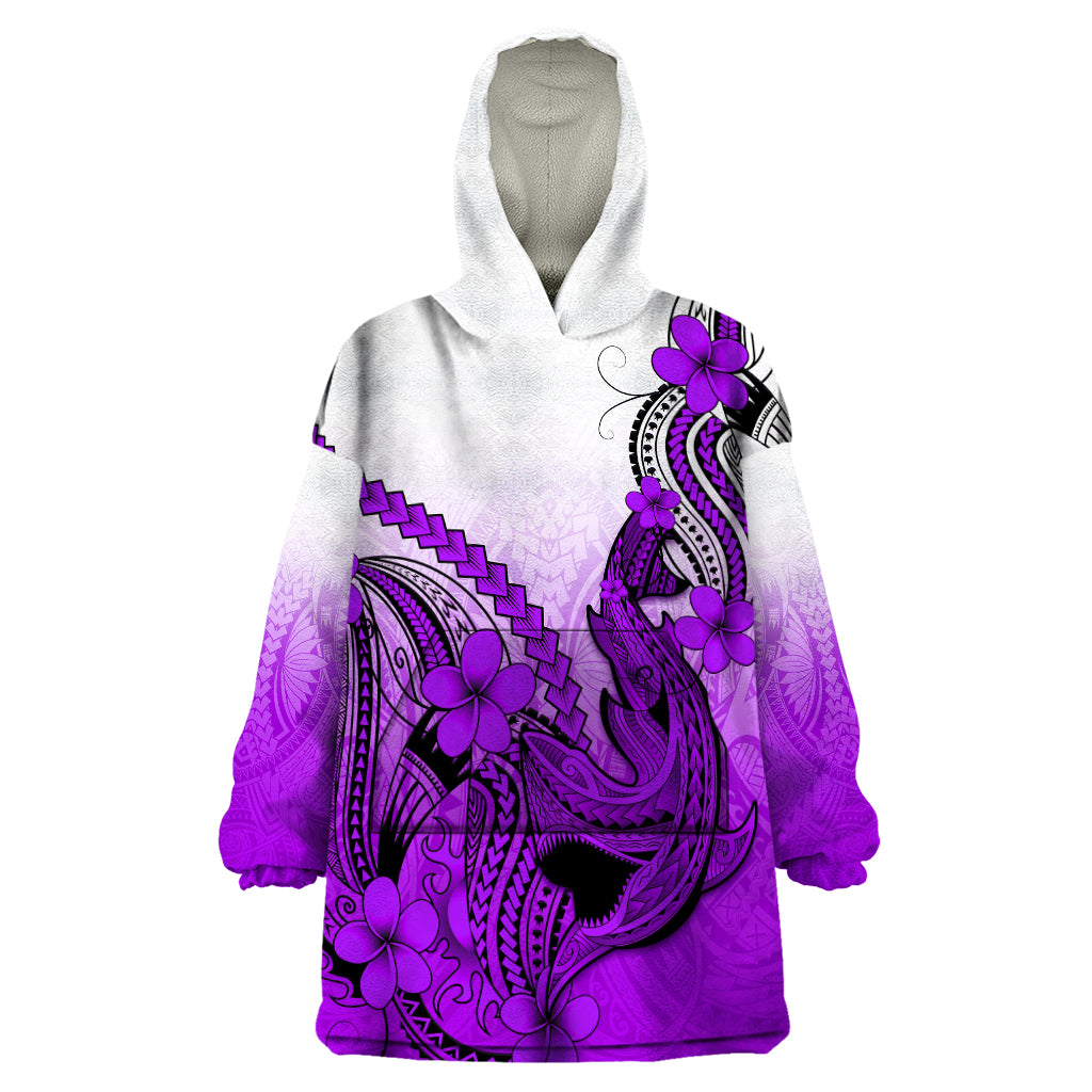 Hawaii Wearable Blanket Hoodie Polynesian Shark Tattoo With Plumeria Purple Gradient LT14 One Size Purple - Polynesian Pride