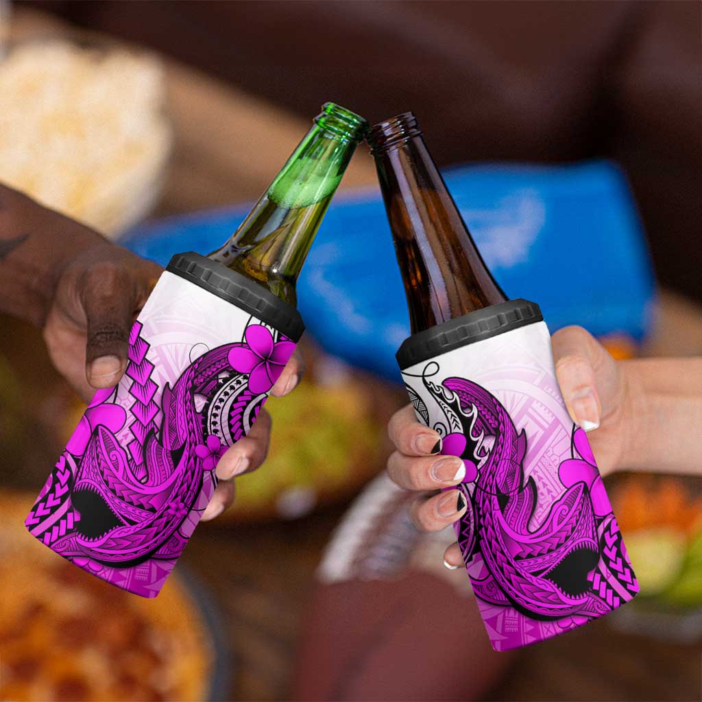 Hawaii 4 in 1 Can Cooler Tumbler Polynesian Shark Tattoo With Plumeria Pink Gradient