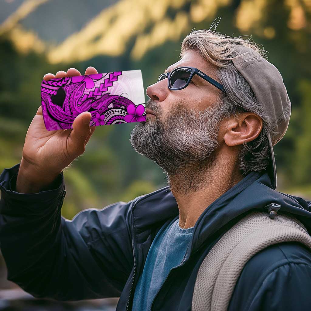 Hawaii 4 in 1 Can Cooler Tumbler Polynesian Shark Tattoo With Plumeria Pink Gradient