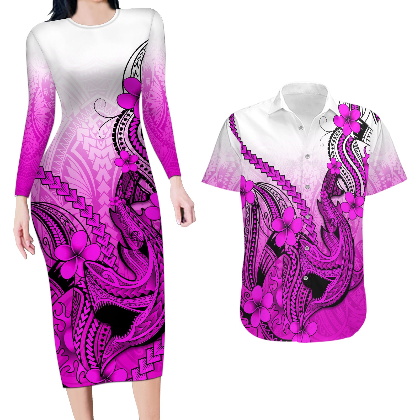 Hawaii Couples Matching Long Sleeve Bodycon Dress and Hawaiian Shirt Polynesian Shark Tattoo With Plumeria Pink Gradient LT14 Pink - Polynesian Pride