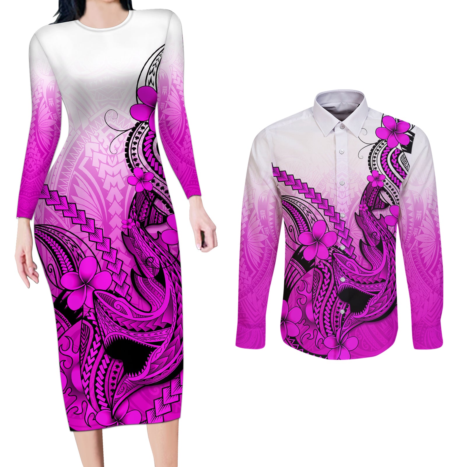 Hawaii Couples Matching Long Sleeve Bodycon Dress and Long Sleeve Button Shirts Polynesian Shark Tattoo With Plumeria Pink Gradient LT14 Pink - Polynesian Pride