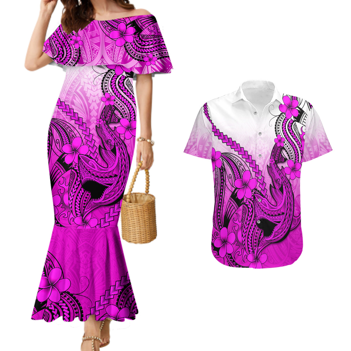 Hawaii Couples Matching Mermaid Dress And Hawaiian Shirt Polynesian Shark Tattoo With Plumeria Pink Gradient LT14 Pink - Polynesian Pride