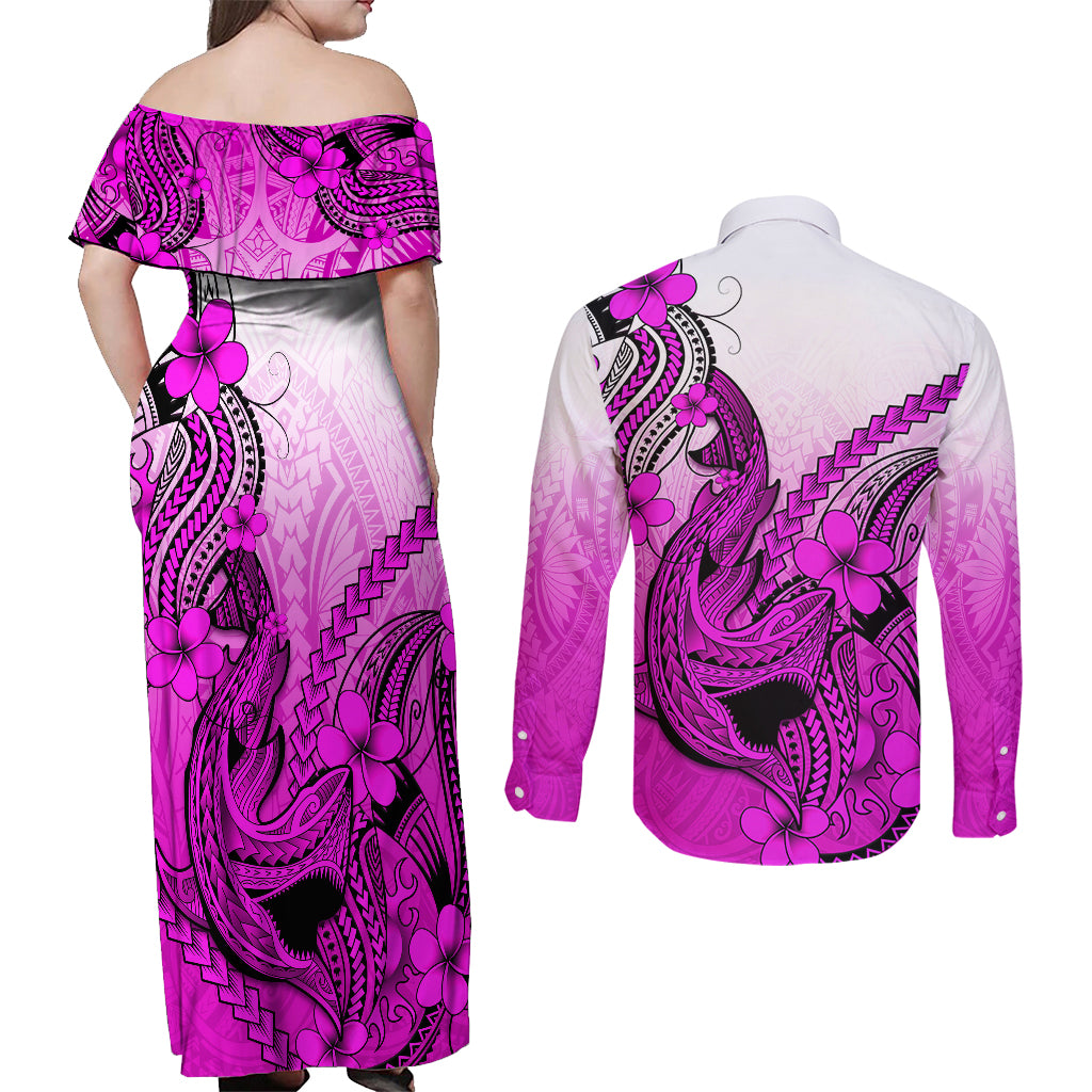 Hawaii Couples Matching Off Shoulder Maxi Dress and Long Sleeve Button Shirts Polynesian Shark Tattoo With Plumeria Pink Gradient LT14 - Polynesian Pride