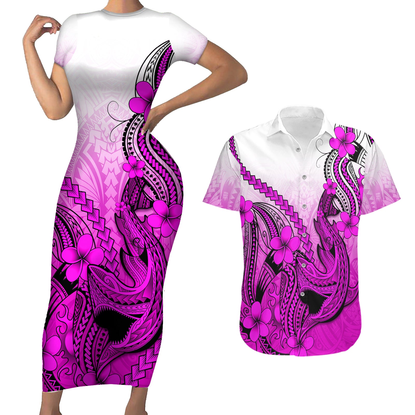 Hawaii Couples Matching Short Sleeve Bodycon Dress and Hawaiian Shirt Polynesian Shark Tattoo With Plumeria Pink Gradient LT14 Pink - Polynesian Pride