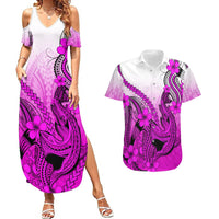 Hawaii Couples Matching Summer Maxi Dress and Hawaiian Shirt Polynesian Shark Tattoo With Plumeria Pink Gradient LT14 Pink - Polynesian Pride