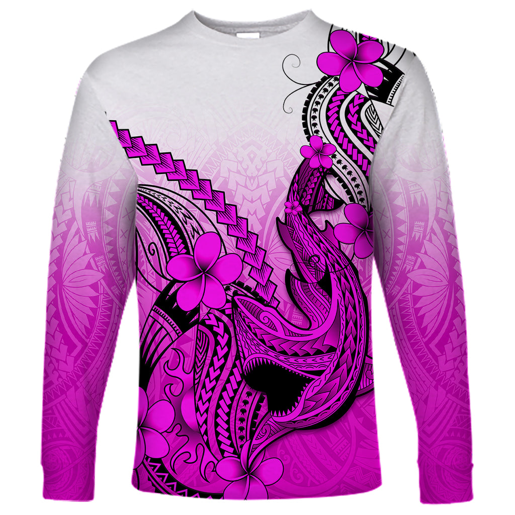 Hawaii Long Sleeve Shirt Polynesian Shark Tattoo With Plumeria Pink Gradient LT14 Unisex Pink - Polynesian Pride