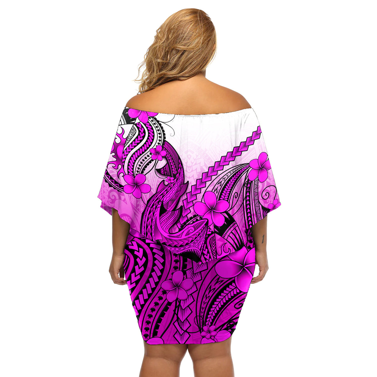 Hawaii Off Shoulder Short Dress Polynesian Shark Tattoo With Plumeria Pink Gradient LT14 - Polynesian Pride