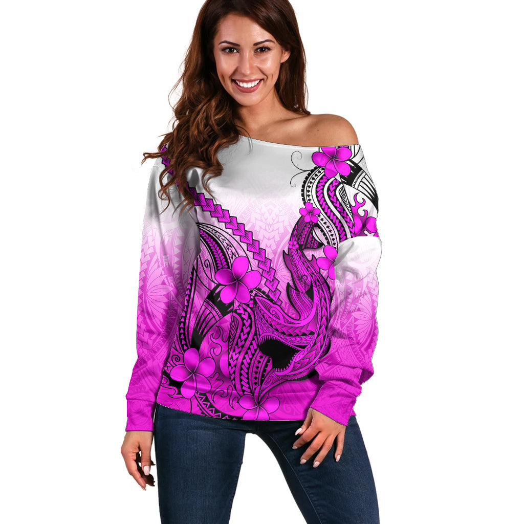 Hawaii Off Shoulder Sweater Polynesian Shark Tattoo With Plumeria Pink Gradient LT14 Women Pink - Polynesian Pride