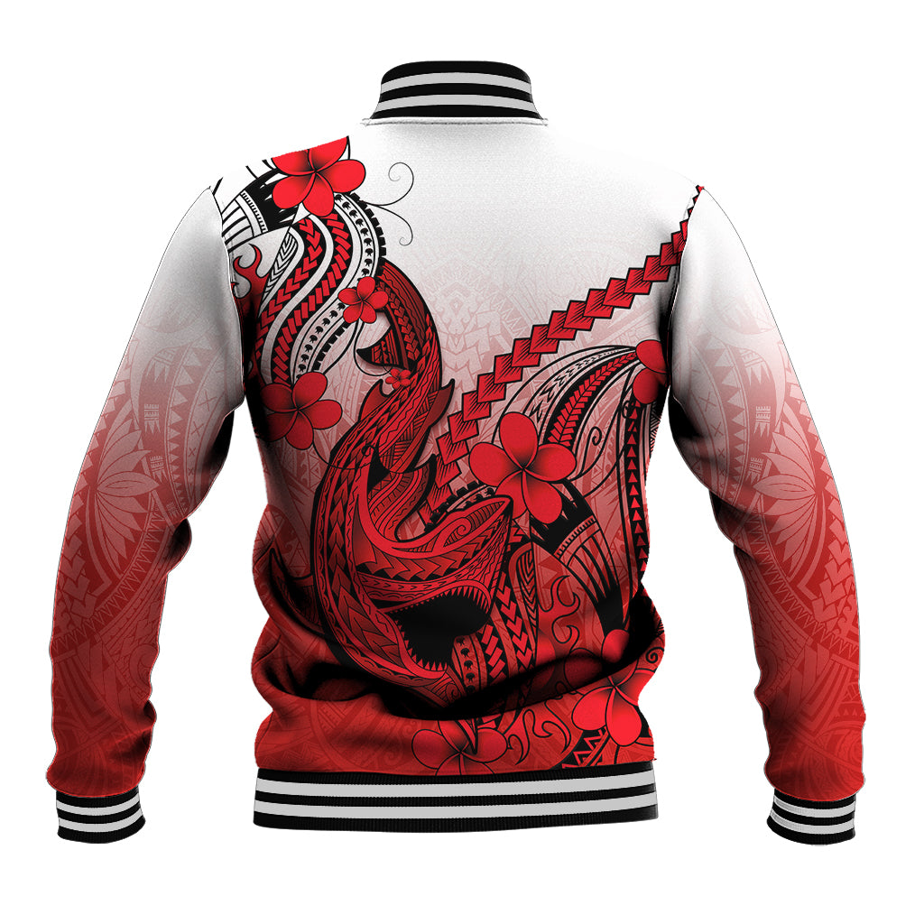 Hawaii Baseball Jacket Polynesian Shark Tattoo With Plumeria Red Gradient LT14 - Polynesian Pride