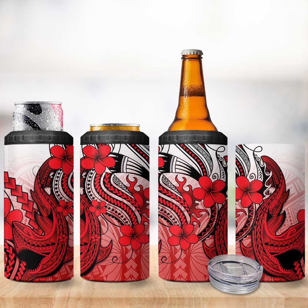 Hawaii 4 in 1 Can Cooler Tumbler Polynesian Shark Tattoo With Plumeria Red Gradient