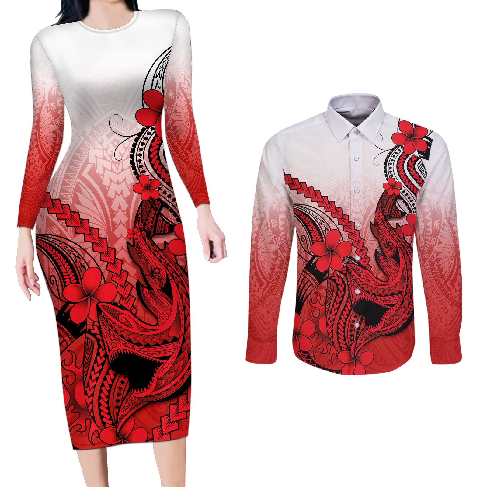 Hawaii Couples Matching Long Sleeve Bodycon Dress and Long Sleeve Button Shirts Polynesian Shark Tattoo With Plumeria Red Gradient LT14 Red - Polynesian Pride