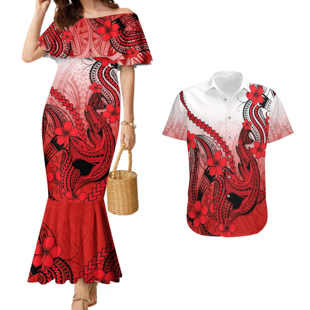 Hawaii Couples Matching Mermaid Dress And Hawaiian Shirt Polynesian Shark Tattoo With Plumeria Red Gradient LT14 Red - Polynesian Pride