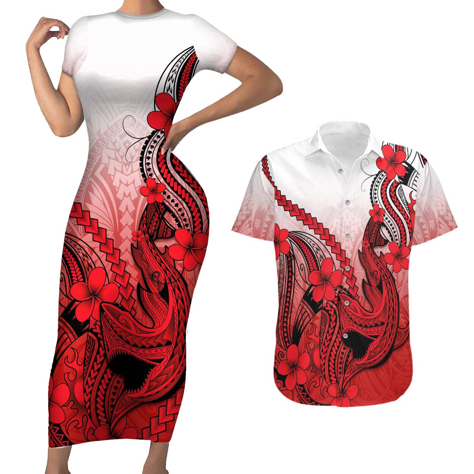 Hawaii Couples Matching Short Sleeve Bodycon Dress and Hawaiian Shirt Polynesian Shark Tattoo With Plumeria Red Gradient LT14 Red - Polynesian Pride