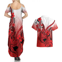 Hawaii Couples Matching Summer Maxi Dress and Hawaiian Shirt Polynesian Shark Tattoo With Plumeria Red Gradient LT14 - Polynesian Pride