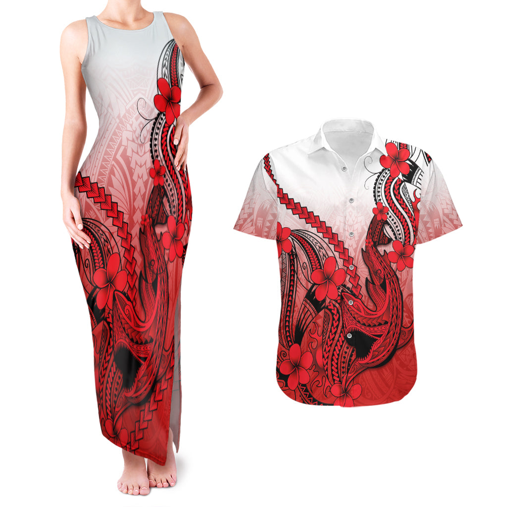 Hawaii Couples Matching Tank Maxi Dress And Hawaiian Shirt Polynesian Shark Tattoo With Plumeria Red Gradient LT14 Red - Polynesian Pride