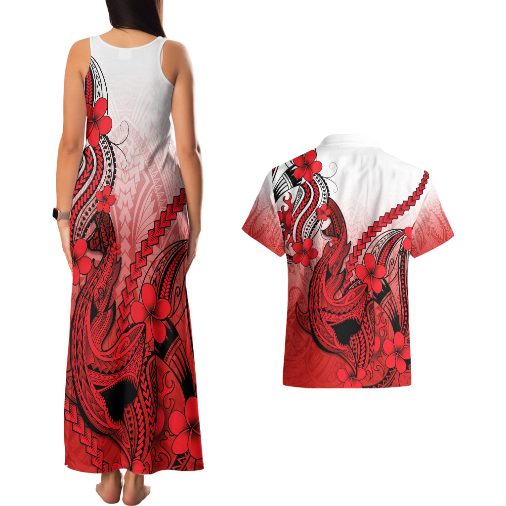 Hawaii Couples Matching Tank Maxi Dress And Hawaiian Shirt Polynesian Shark Tattoo With Plumeria Red Gradient LT14 - Polynesian Pride