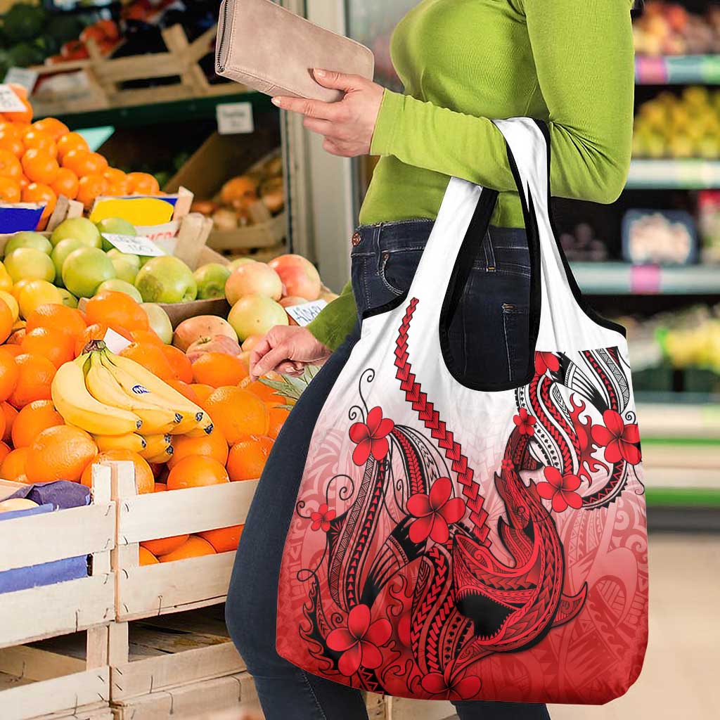 Red Gradient Hawaii Grocery Bag Polynesian Shark Tattoo With Plumeria