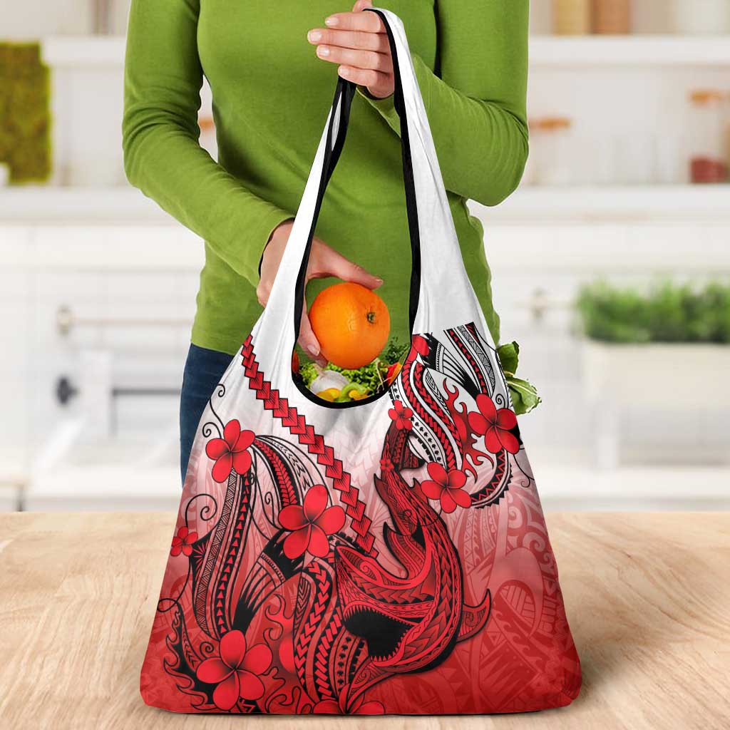 Red Gradient Hawaii Grocery Bag Polynesian Shark Tattoo With Plumeria