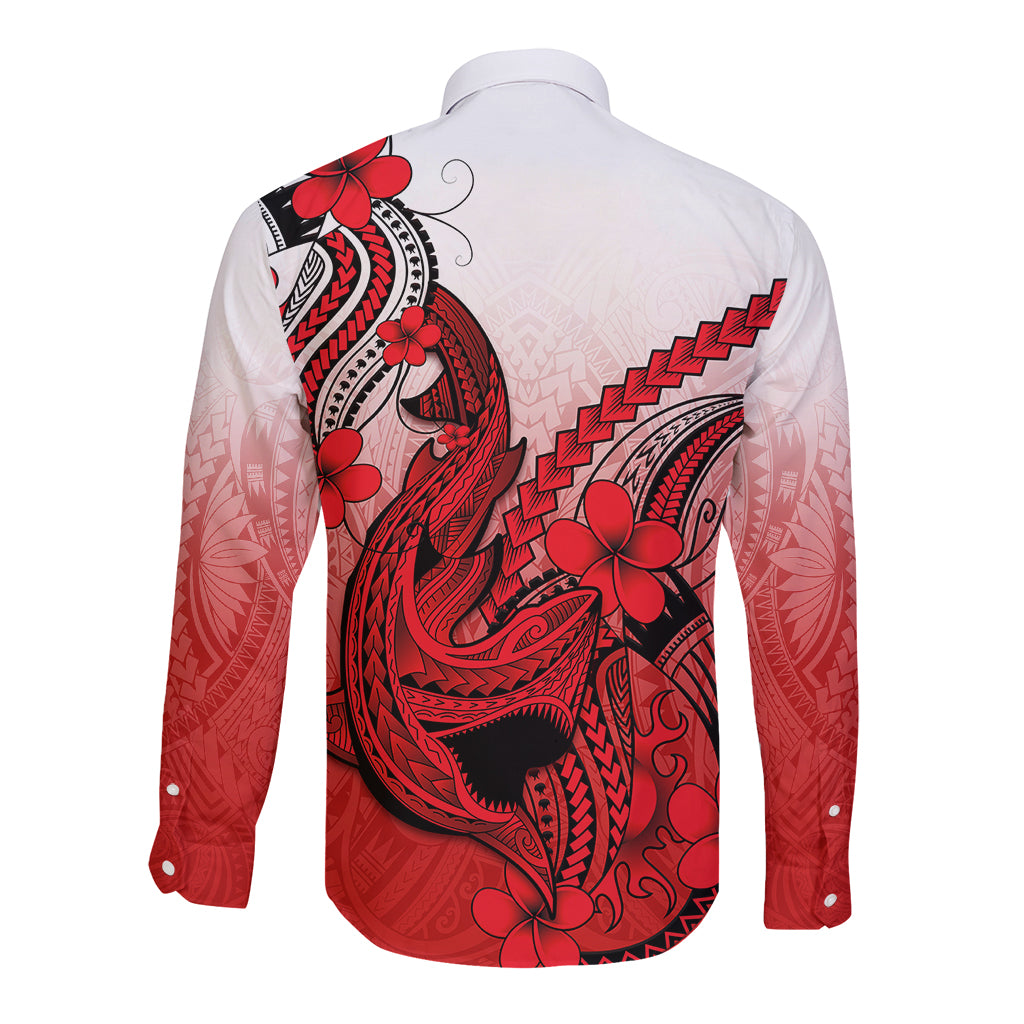 Hawaii Long Sleeve Button Shirt Polynesian Shark Tattoo With Plumeria Red Gradient LT14 - Polynesian Pride