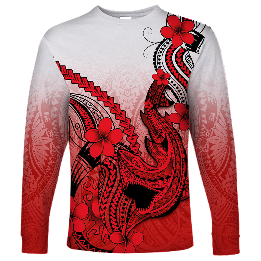 Hawaii Long Sleeve Shirt Polynesian Shark Tattoo With Plumeria Red Gradient LT14 Unisex Red - Polynesian Pride