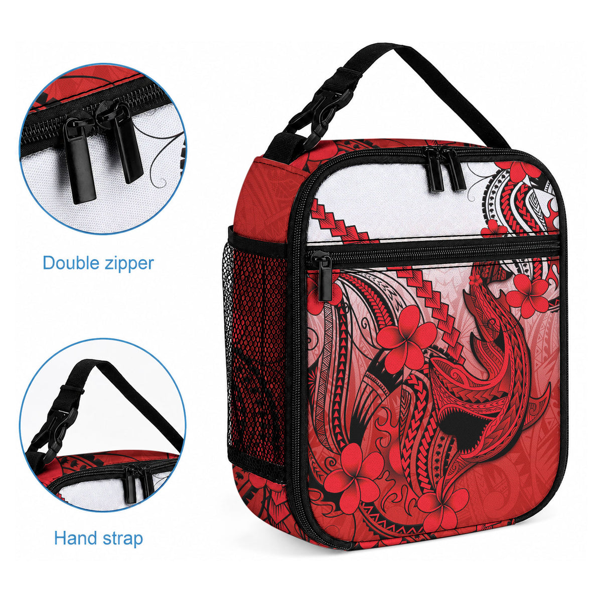 Hawaii Lunch Bag Polynesian Shark Tattoo With Plumeria Red Gradient