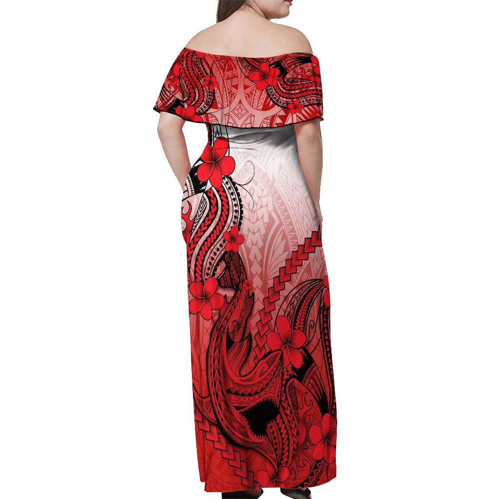 Hawaii Off Shoulder Maxi Dress Polynesian Shark Tattoo With Plumeria Red Gradient LT14 - Polynesian Pride